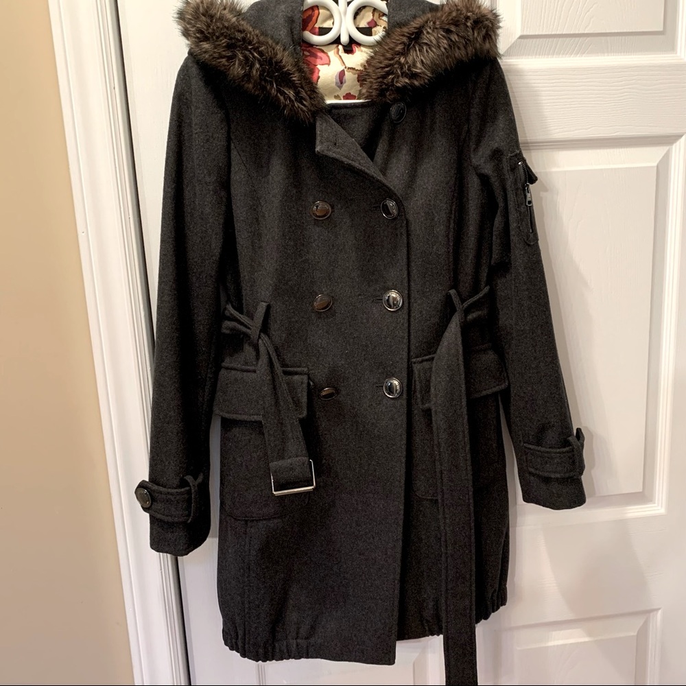 Steve Madden Hooded Charcoal  Wool Coat with Belt